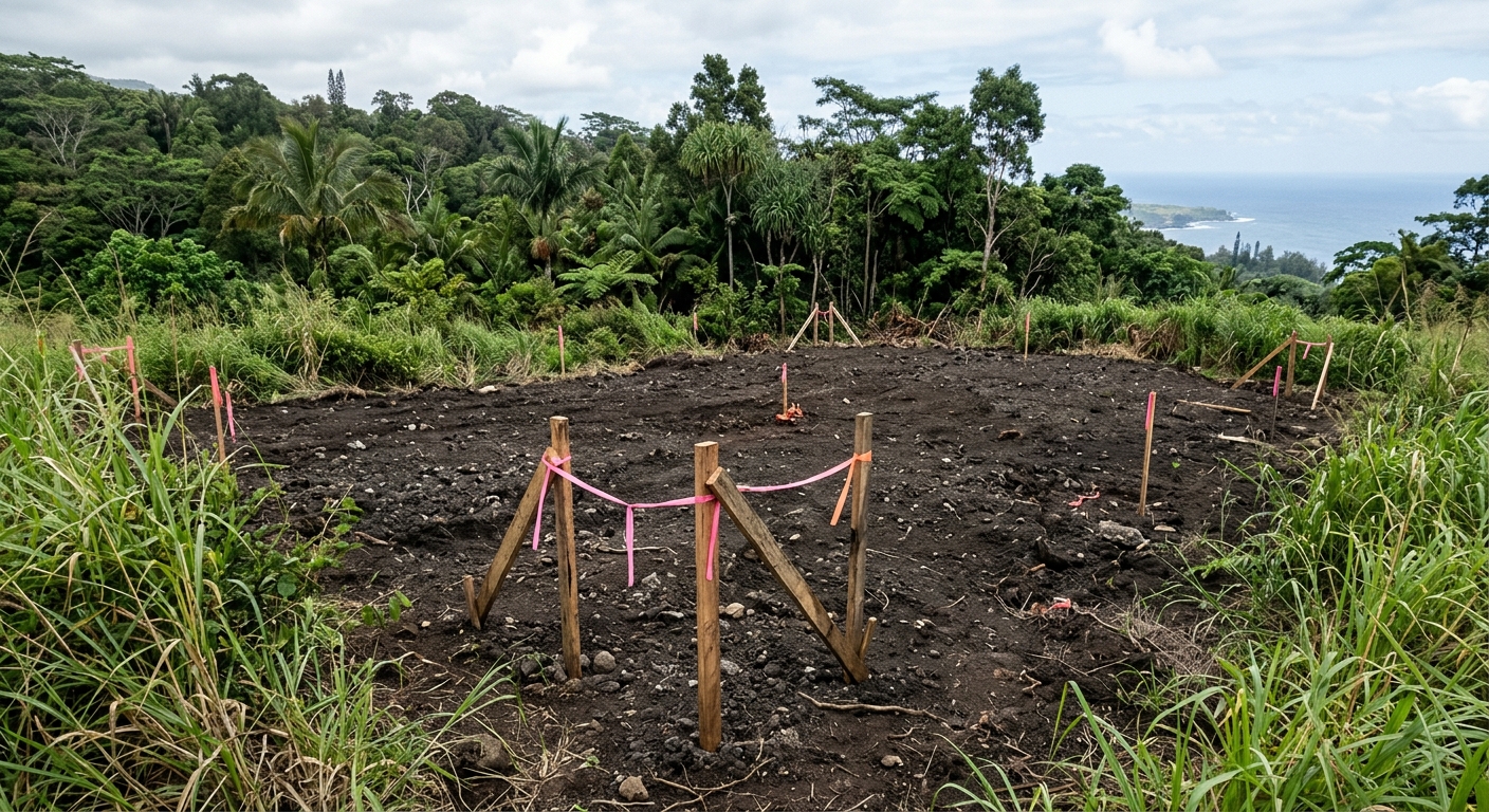a cleared patch of dark volcanic soil surrounded by tall green grasses and native tropical trees, with wooden surveyor stakes placed in the ground for a future