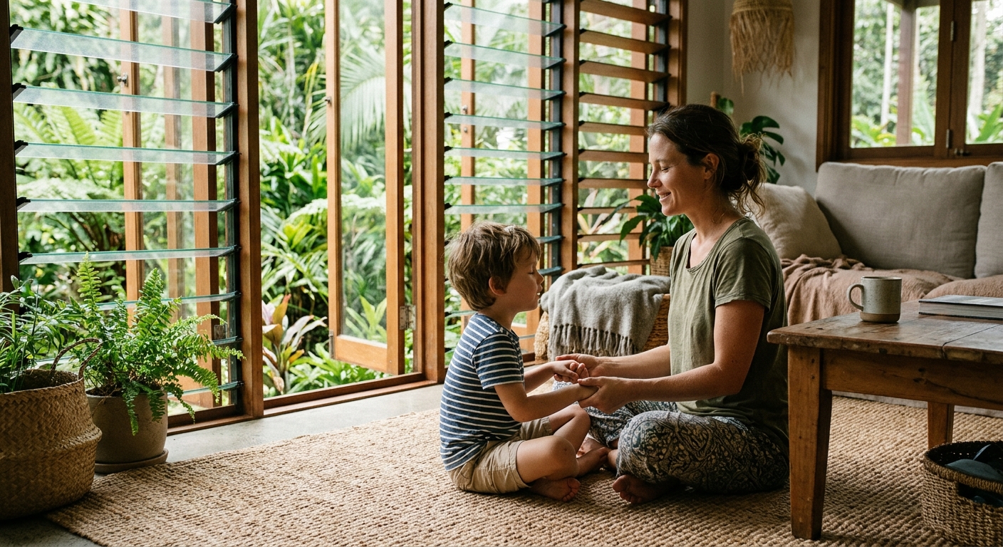 a parent sitting on a woven mat in a living room, gently comforting a young child by practicing deep breathing together, in a casual home setting with open louv
