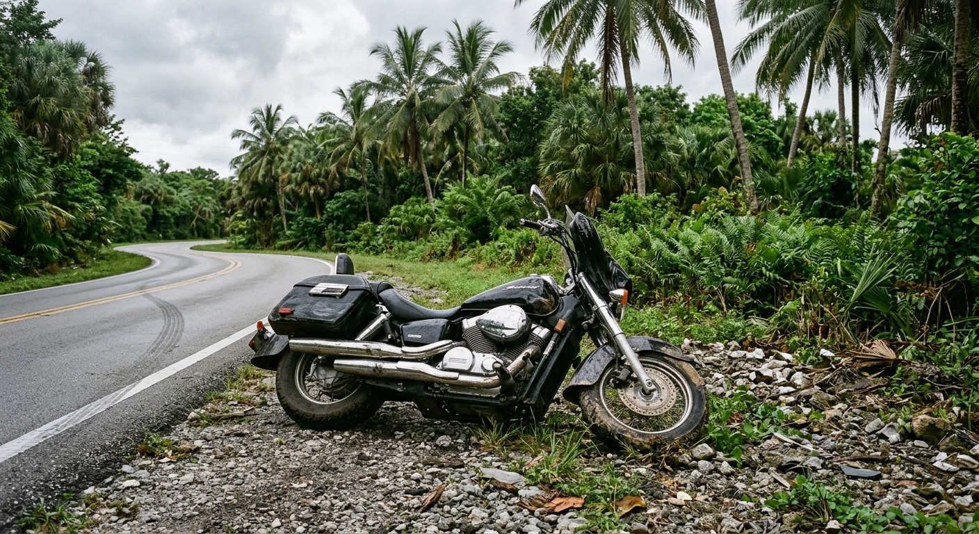 a damaged motorcycle resting on its side on the gravel shoulder of a paved highway, surrounded by tropical palm trees and dense green foliage under an overcast