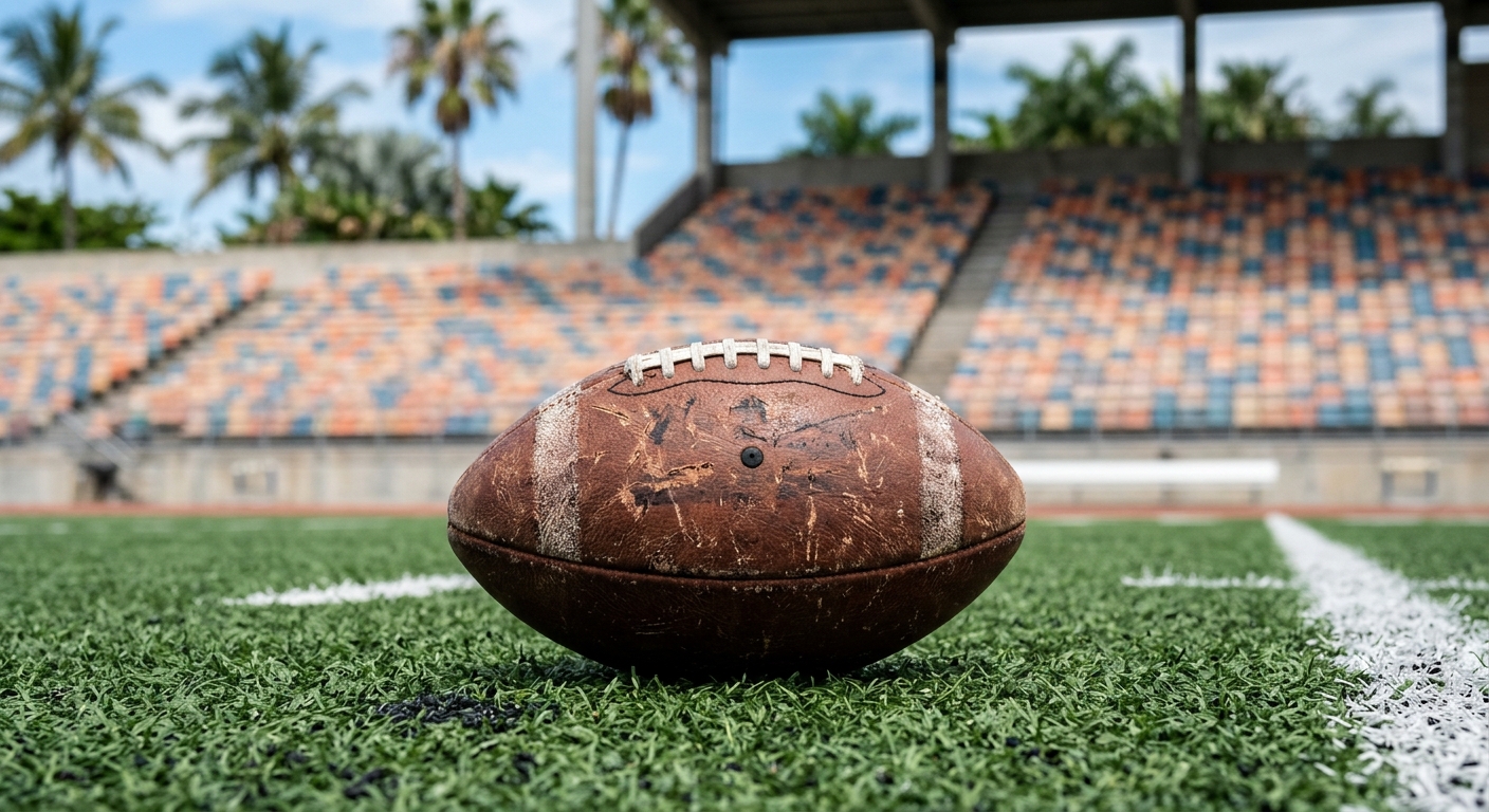 a worn American football resting on the green artificial turf of an outdoor stadium, with out-of-focus stadium seating and distant tropical palm trees in the ba