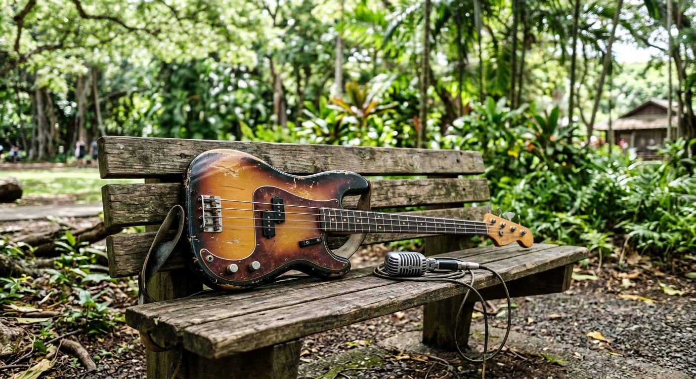 a well-worn electric bass guitar and a vintage microphone resting on a wooden bench under a canopy of tropical trees in a Hawaiian community park, natural every