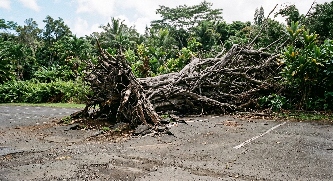 a massive uprooted banyan tree with thick tangled roots lying across a cracked asphalt parking lot bordered by tropical Hawaiian foliage, natural everyday light