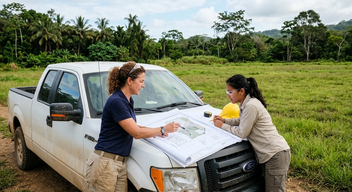 two construction planners reviewing large rolled-up architectural blueprints on the hood of a white pickup truck, parked next to a vast, undeveloped grassy fiel