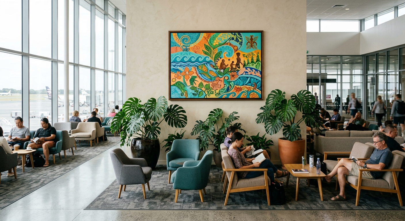 a modern airport passenger lounge featuring comfortable seating, potted tropical monstera plants, and a colorful Polynesian-inspired painting hanging on a light