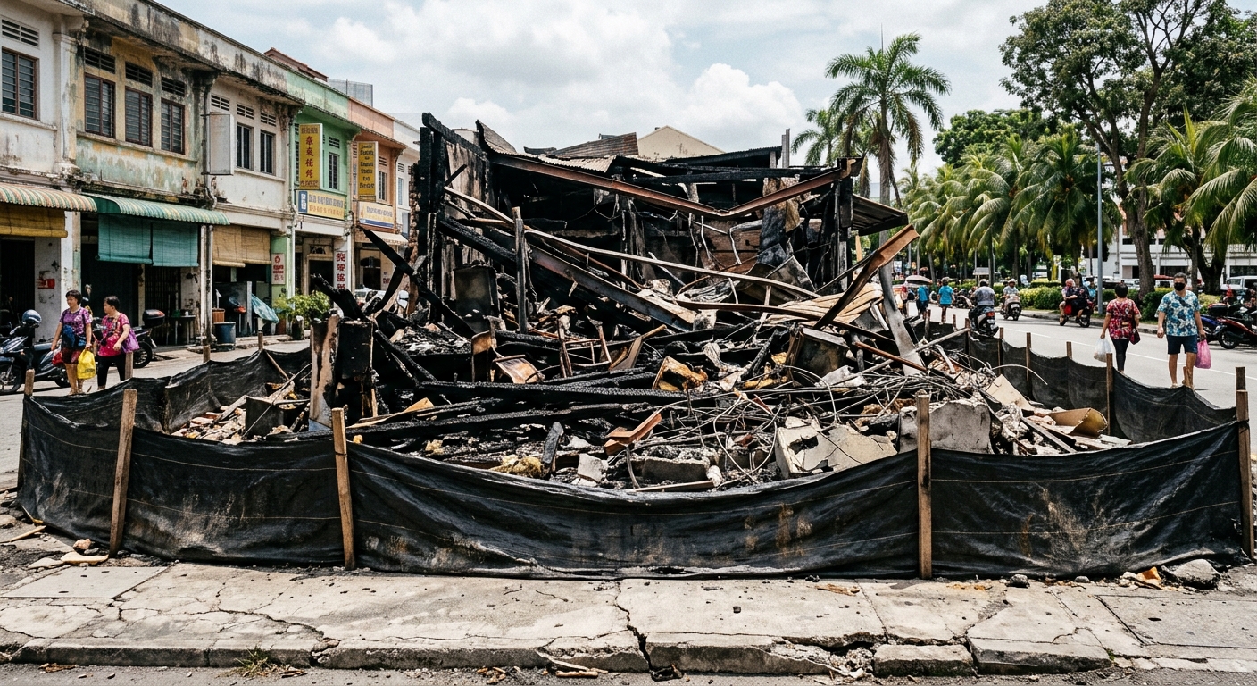 the charred remains and scattered debris of a collapsed low-rise commercial building in a tropical downtown area, featuring blackened wood, twisted metal, and r