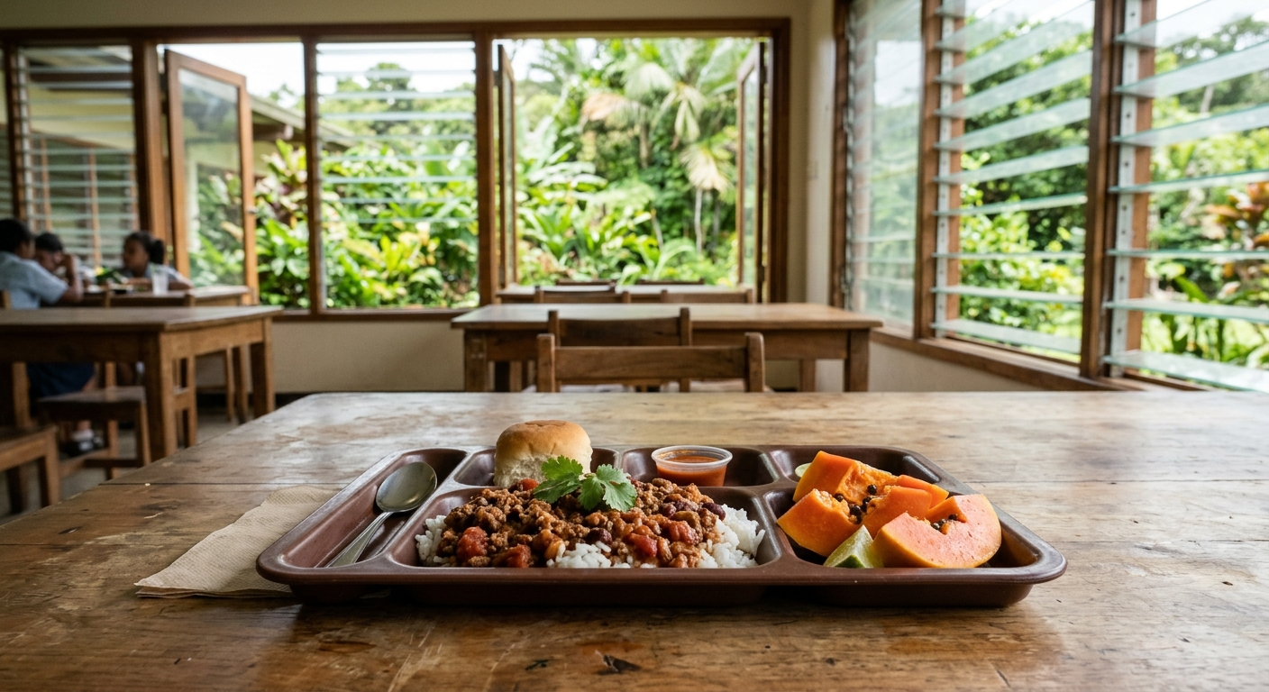 a divided school lunch tray featuring a hearty serving of beef chili with rice and a side of fresh sliced papaya on a simple cafeteria table, set in an airy roo