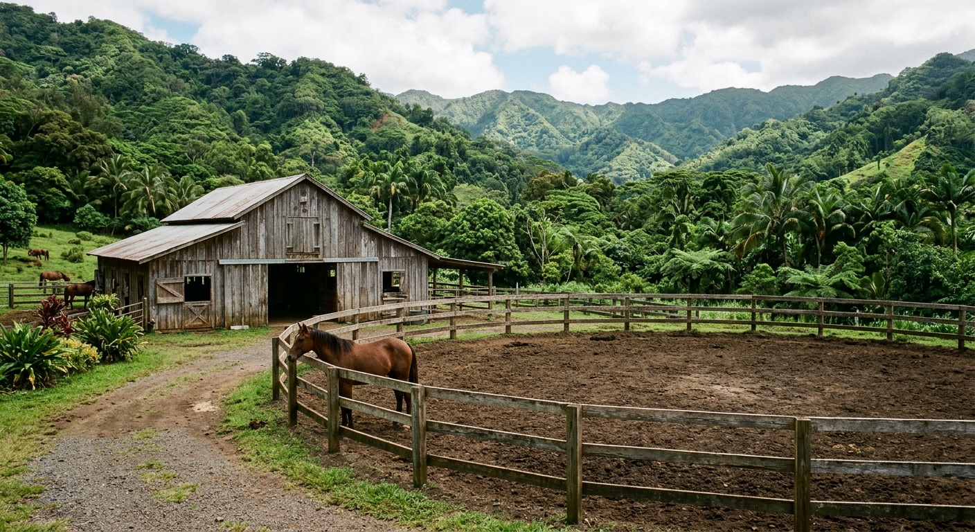 a weathered wooden horse barn and a dirt round pen enclosed by fencing, set against a backdrop of lush tropical hills, with a single brown horse standing peacef