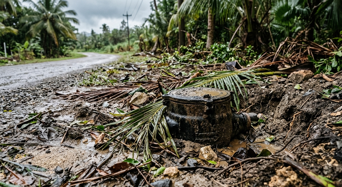 a partially exposed, mud-covered residential water meter box set in the ground beside a rural road, surrounded by scattered tropical palm debris and wet dirt fr