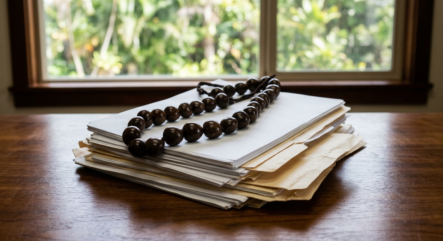 a stack of legal documents and manila folders resting on a polished wooden desk, with a traditional dark brown kukui nut lei casually draped over the paperwork,
