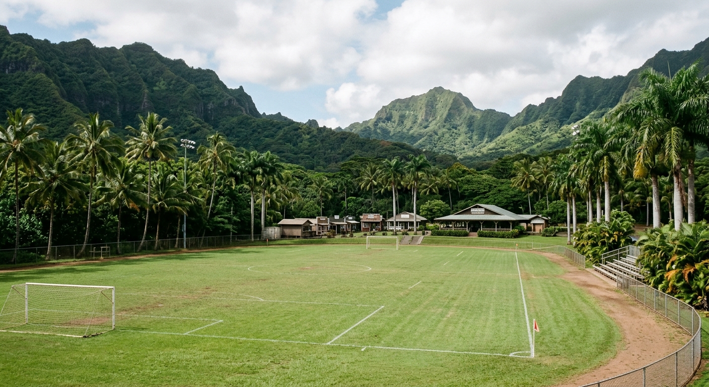 an empty outdoor collegiate sports field surrounded by tropical palm trees and lush green mountains, with small local storefronts and a hospitality venue visibl