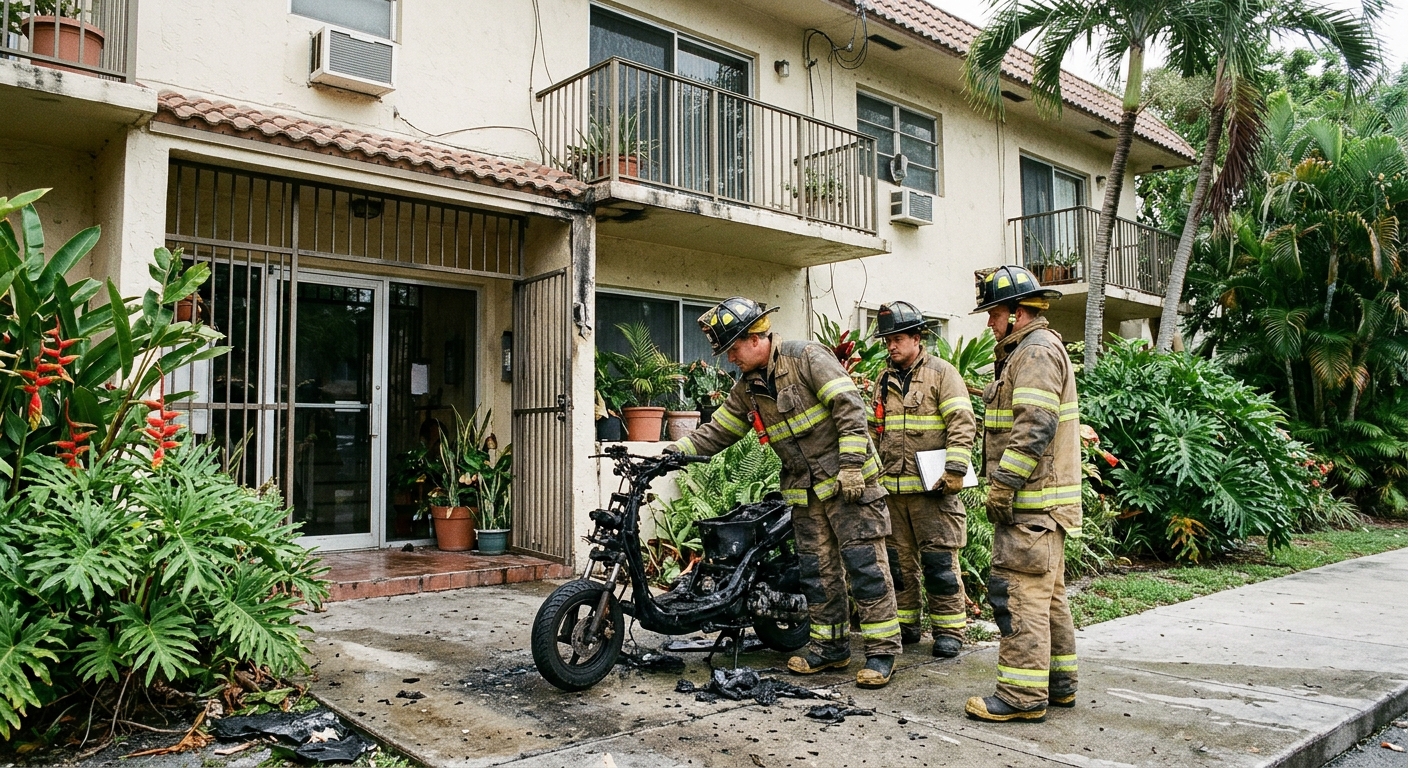 local firefighters in turnout gear inspecting a charred moped outside the ground-floor entrance of a three-story apartment building surrounded by tropical folia