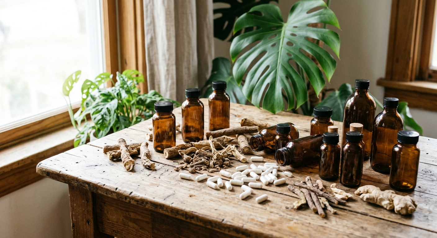 a cluttered arrangement of plain, unlabeled amber medicine bottles, scattered white capsules, and dried herbal roots resting on a warm wooden table near a brigh