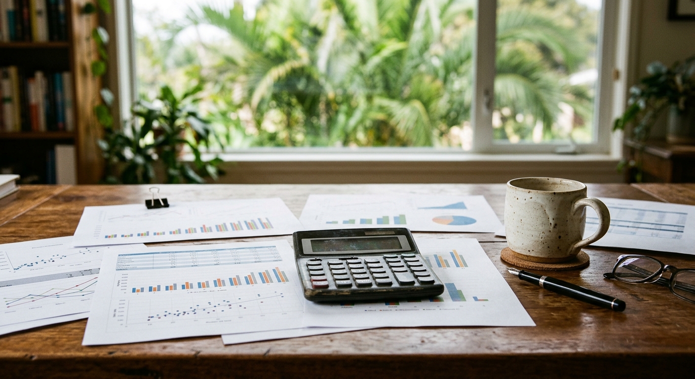 a wooden office desk covered in printed financial charts, a calculator, and a ceramic coffee mug, with a blurred window in the background showing lush green pal